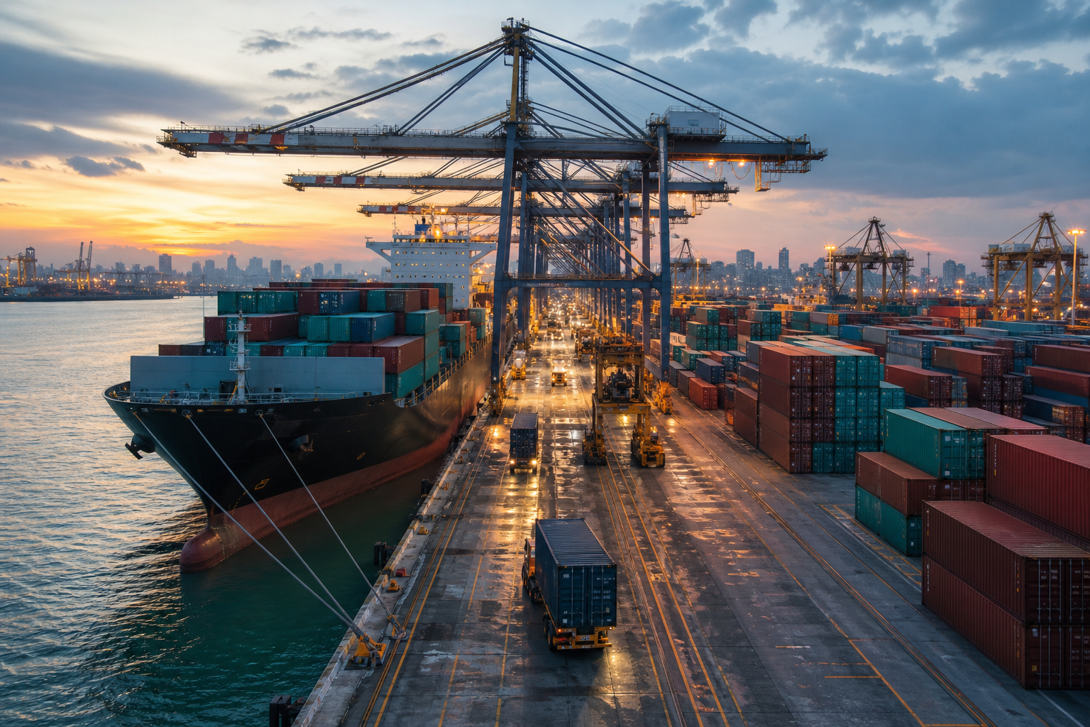 Container terminal at dusk with cargo ship alongside