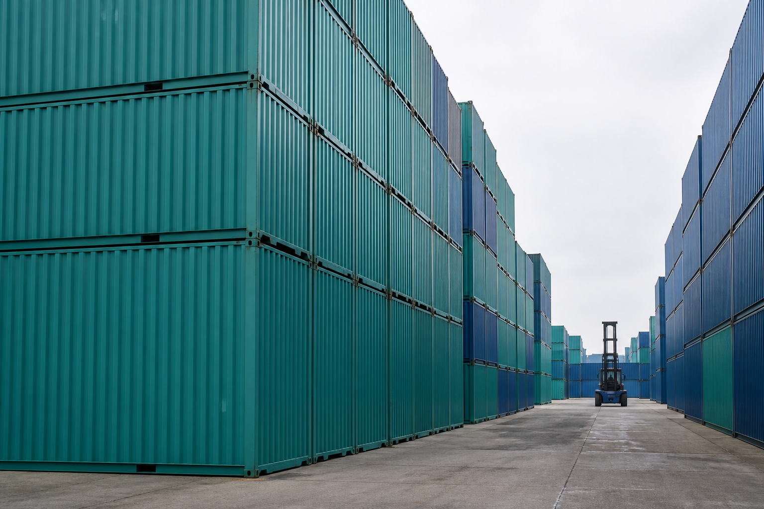 Stacked shipping containers in a terminal yard